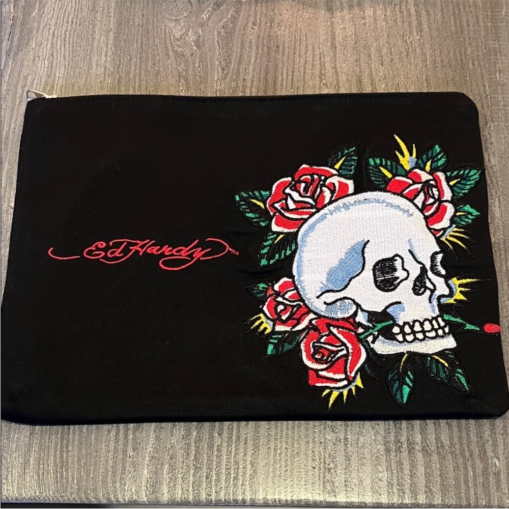 Ed Hardy canvas bag Red Mesh Interior cosmetic accessories Pouch skull roses